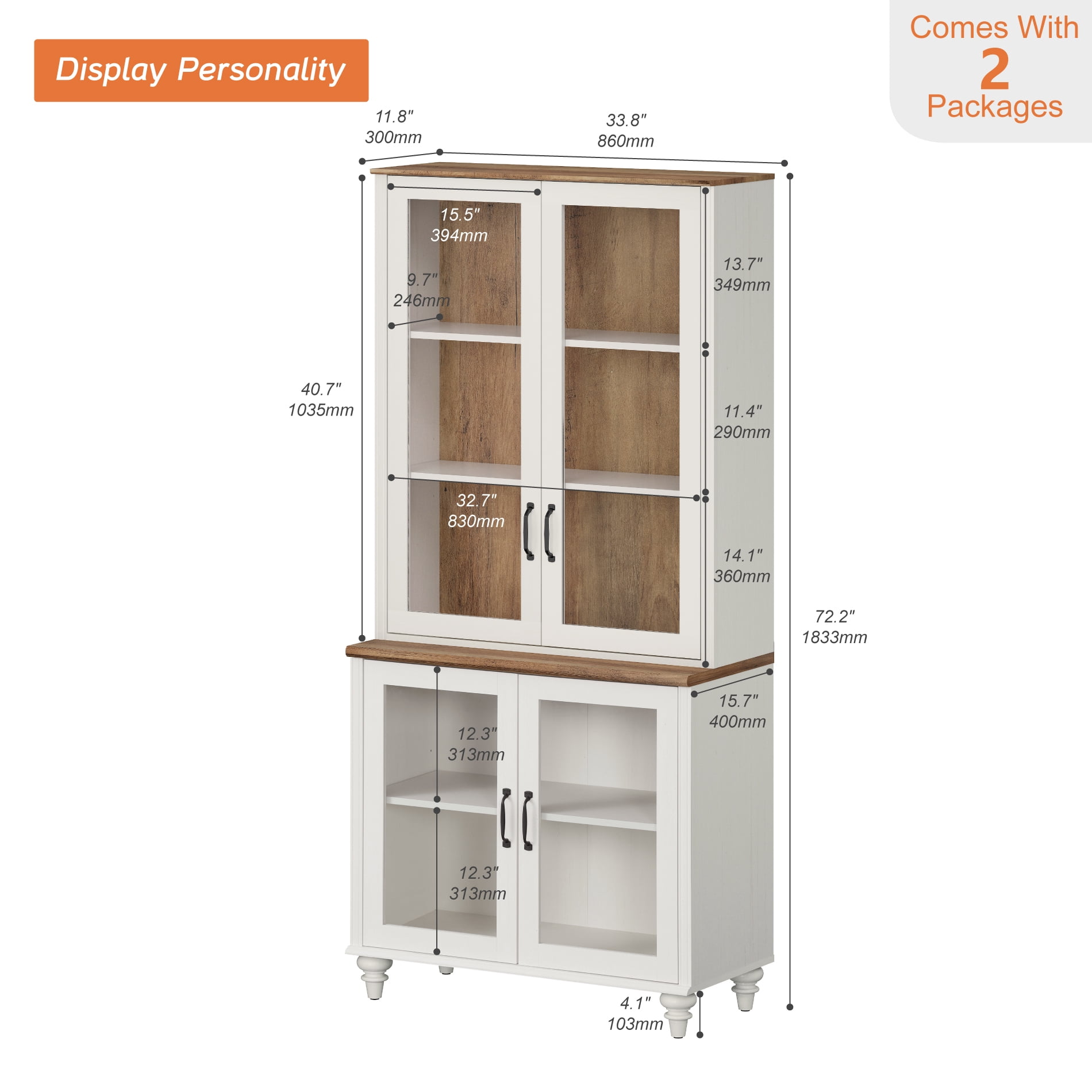 White 5-Tier Bookcase with Glass Doors and Adjustable Shelf, Farmhouse Library Wooden Bookshelves for Living Room, Office, Kitchen