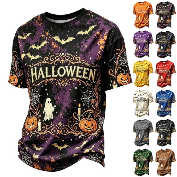 Havenx Halloween T-Shirt for Men Pumpkin Print Shirts Short Sleeve Crewneck T-Shirt Funny Spooky Scary Lightweight Casual Retro Top,Light Brown XL