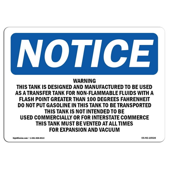 OSHA Notice Sign - Warning This Tank Is Designed And Manufactured | Plastic Sign | Protect Your Business, Work Site, Warehouse |  Made in the USA