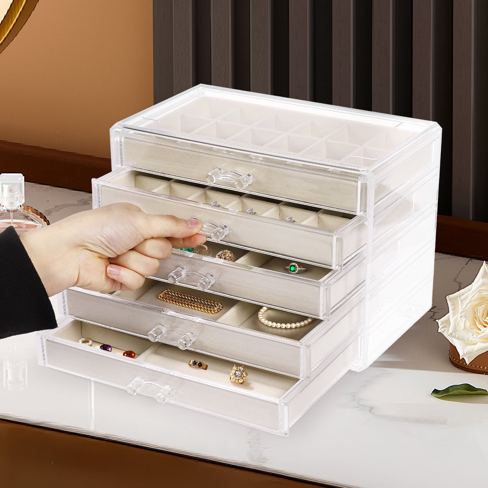 Acrylic Jewelry Box with 5 Drawers, Clear Rings Earring Organizer Display Case Necklaces Holder Tray for Women Girls (Beige)