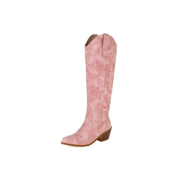 UKAP Women Comfort Knee High Western Boot Riding Non-Slip Cowgirl Boots Pink 8.5
