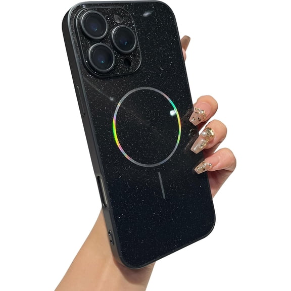 Plating CD Aurora Glitter Bling Sparkle Full Camera Lens Protection Magnetic Case for iPhone, Compatible with MagSafe Wireless Charging (Black,iPhone 15)