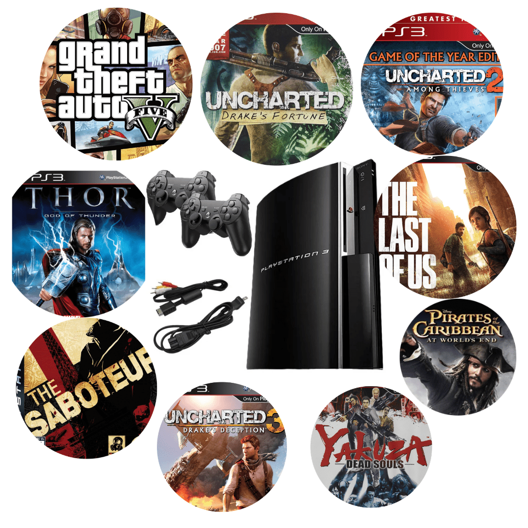 Sony Playstation 3 PS3 Original 80GB Console (Refurbished) Black With One Action & Adventure Game (Used) & 2 RetroFam Controllers