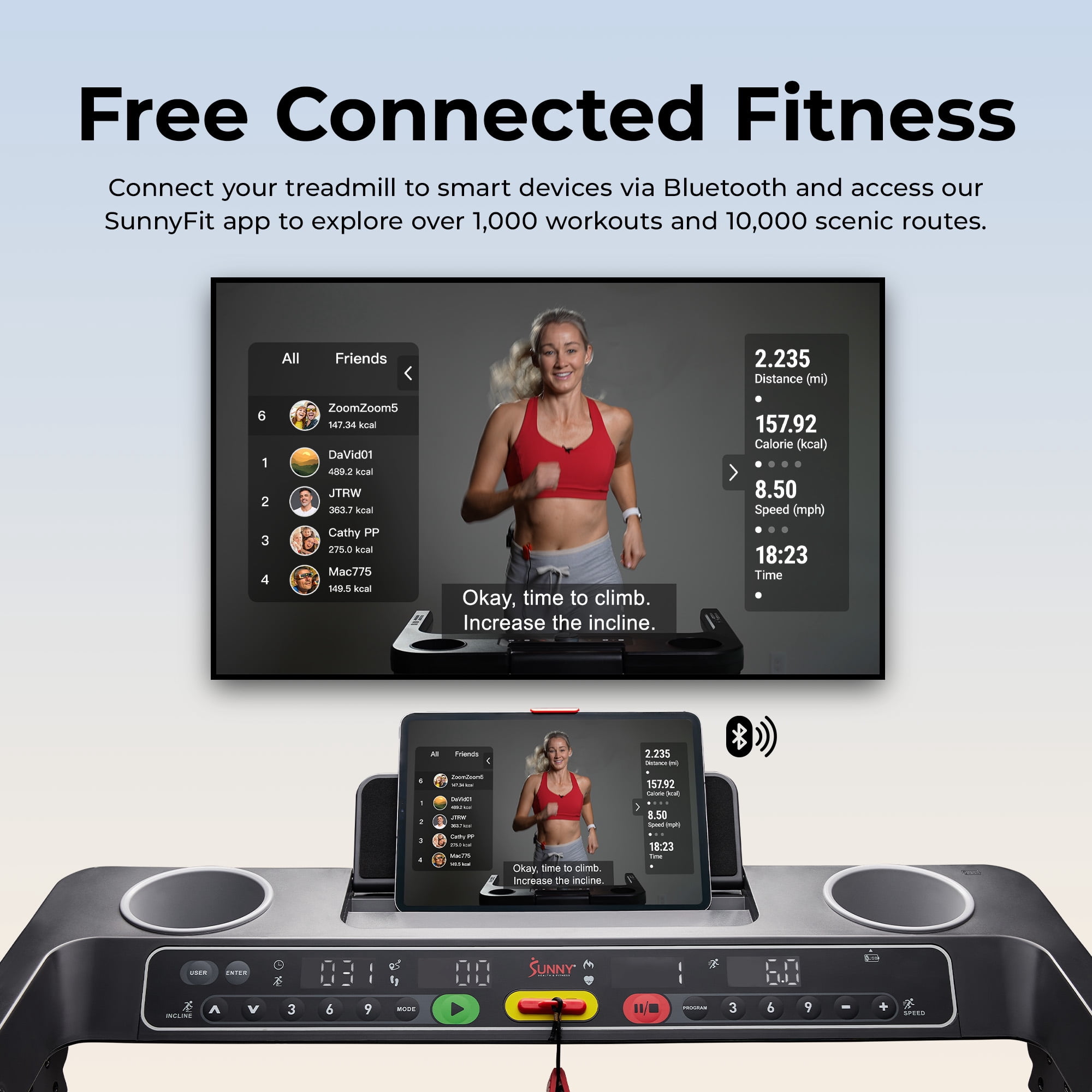 Sunny Health & Fitness Smart Quiet Foldable Treadmill with a 20″ Wide Running Belt, 15% Max Auto Incline, & Performance Tracking via SunnyFit App