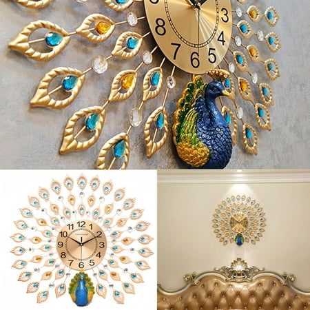 Luxury 3D Crystal Diamond Peacock Decorative Wall Clock Modern Design Quartz Wall Watch Metal Art Clock Wall Decor