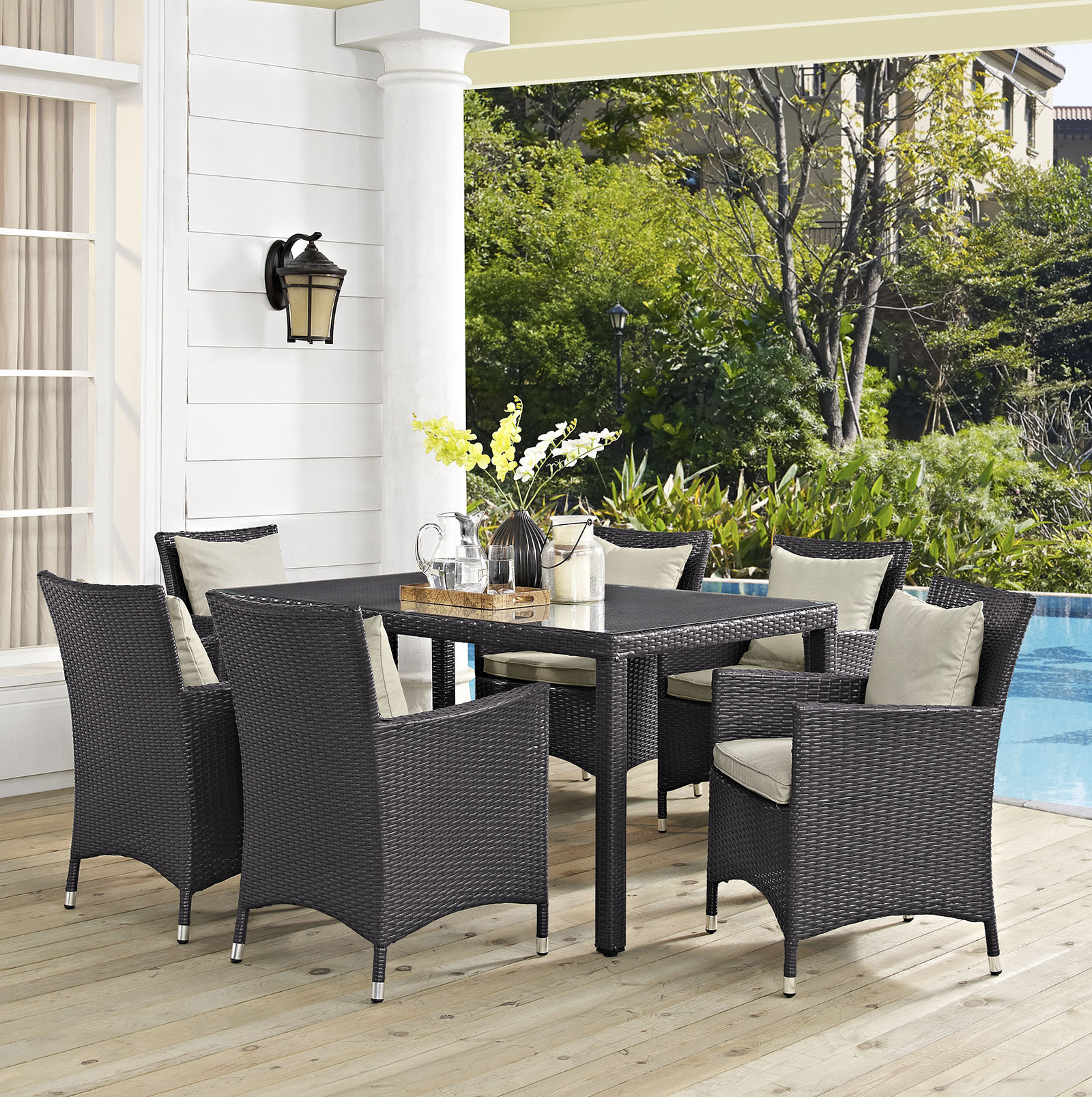 Modern Contemporary Urban Design Outdoor Patio Balcony Seven PCS Dining Chairs and Table Set, Beige, Rattan - image 2 of 7