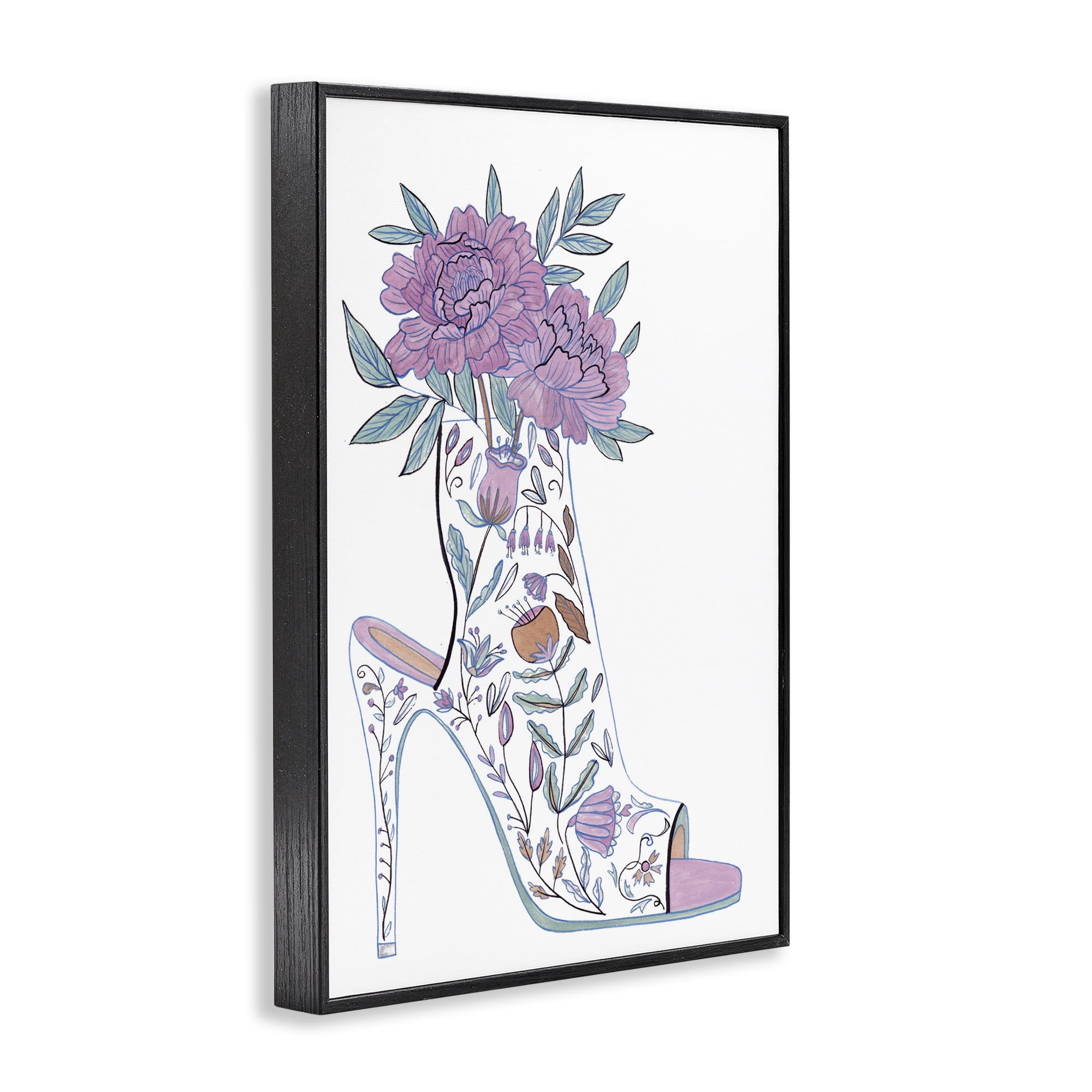 Stupell Industries Shoe with Bouquet Botanical & Floral Painting Black Framed Art Print Wall Art, 16 x 24