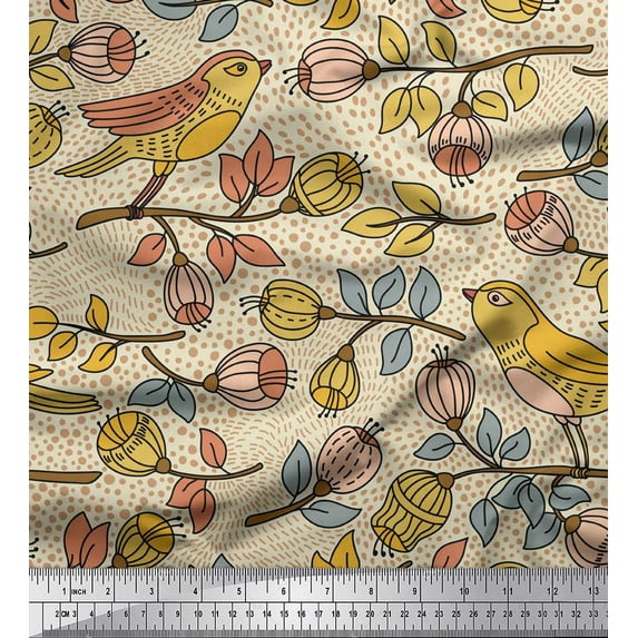 Soimoi Pink Viscose Chiffon Fabric Artistic Bird & Floral Print Fabric by Yard 42 Inch Wide