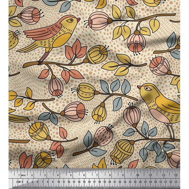 Soimoi Pink Poly Georgette Fabric Artistic Bird & Floral Printed Fabric 1 Yard 52 Inch Wide