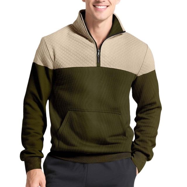 Camisas de Manga Larga Casual Color Sólido Empalmado Reversible Doble Bolsillo Cremallera Suéter Superior para el Trabajo