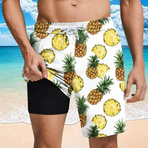 Zylanna Men's Swim Trunks with Compression Liner, Printed with Pockets Elastic Waist Quick Dry Beach Board Shorts Yellow
