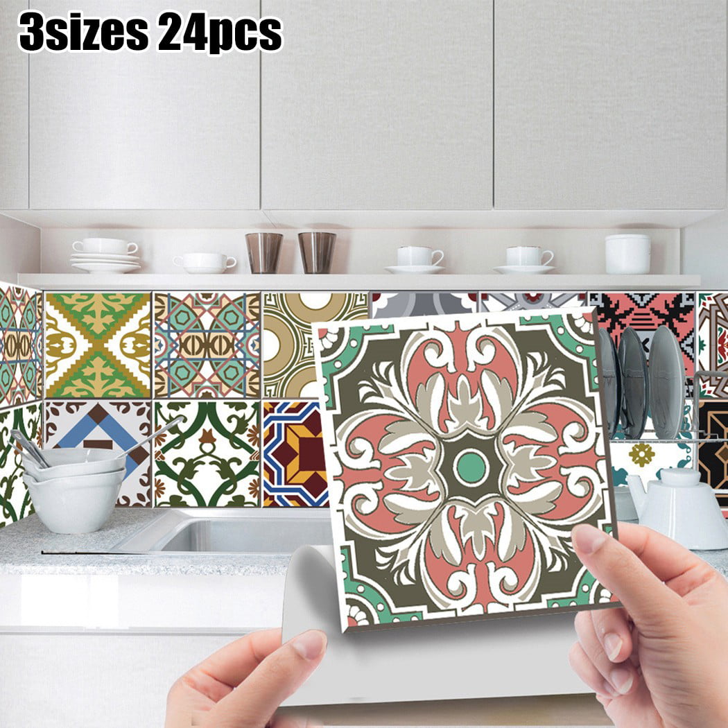 24pcs Kitchen Bathroom Strong Sticky Antique Wall Art Retro Mosaic Tile Stickers 