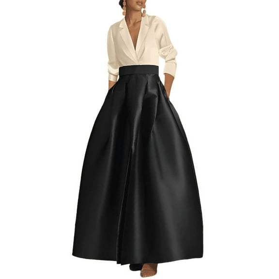 Womens Long Taffeta Front Slit Skirt with Pockets – High Waist Flared Skirt for Elegant Style