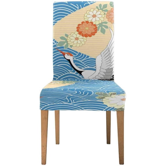 FMSHPON Japanese Pattern Crane Birds Heron Stretch Chair Cover Protector Seat Slipcover for Dining Room Hotel Wedding Party Set of 1