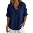 thumbnail image 5 of CheerKidz Women's Solid Color Collared V-Neck Short Sleeve Button-Down Shirt Navy 2XL, 5 of 7