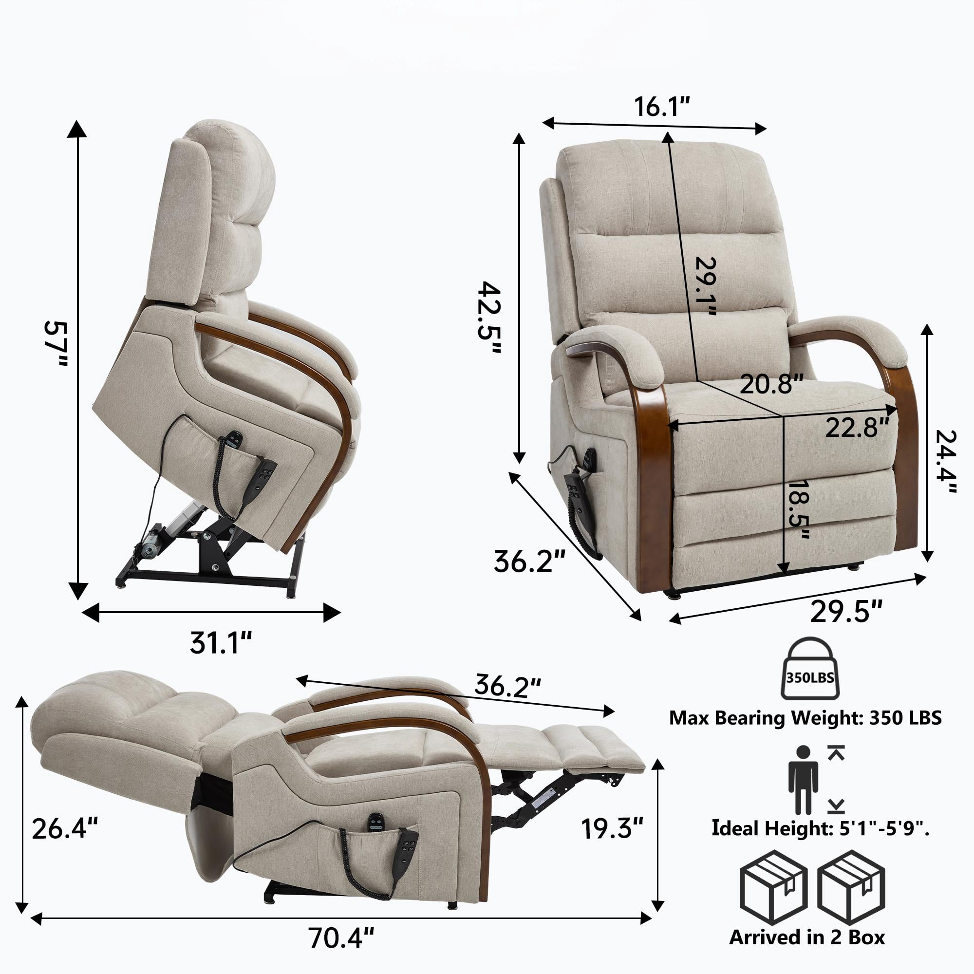 Gewnee Power Lift Recliner Chair with Heat and Massage,Lay Flat Assist Recliner with Side Pocket & Solid Wood Armrest,Lift Chair for Living Room.Beige Chenille
