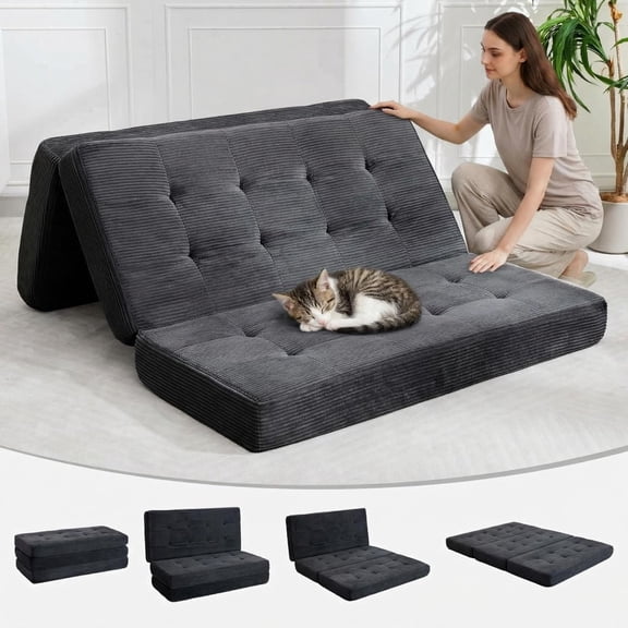 Foldable Sofa Bed with High-Density Foam, 3-in-1 Design for Living Room, Guest Room, or Camping – No Assembly Required, Easy to Store and Move, Black