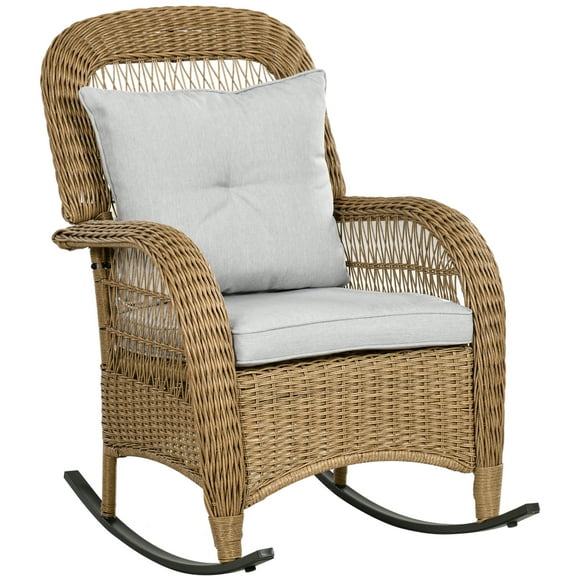 Outsunny Rattan Rocking Chair w/ Cushion, Garden Porch Furniturew/ Armrest