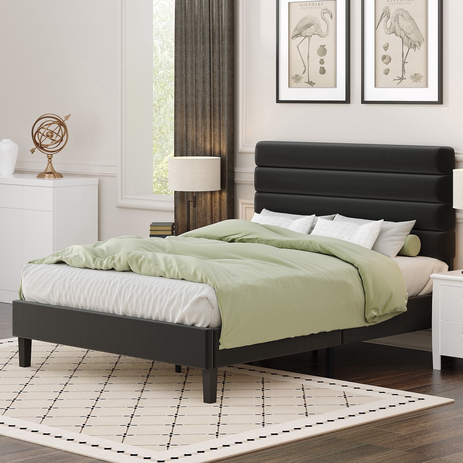 4 EVER WINNER Queen Size Platform Bed Frame, Horizontal Stitched Black Velvet Upholstered Headboard, Solid Wooden Slat Support, Noise-Free, No Box Spring Needed