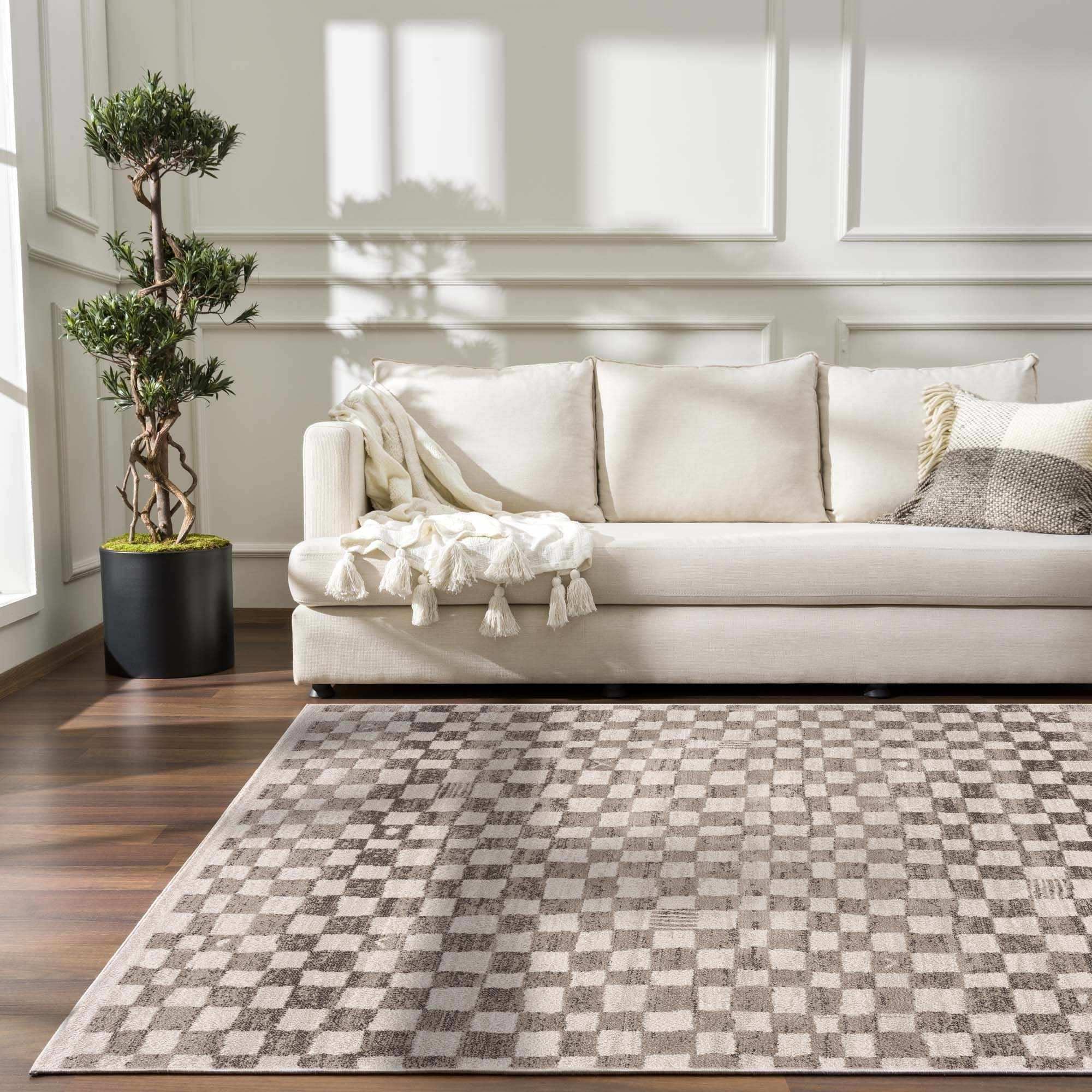 BoutiqueRugs Benjy Modern Checkered Extra Large Area Rug - Contemporary Geometric Carpet for Living Room, Bedroom, Kids Room, Nursery - Cream, Beige, Tan - 8'10" x 12' (9x12)