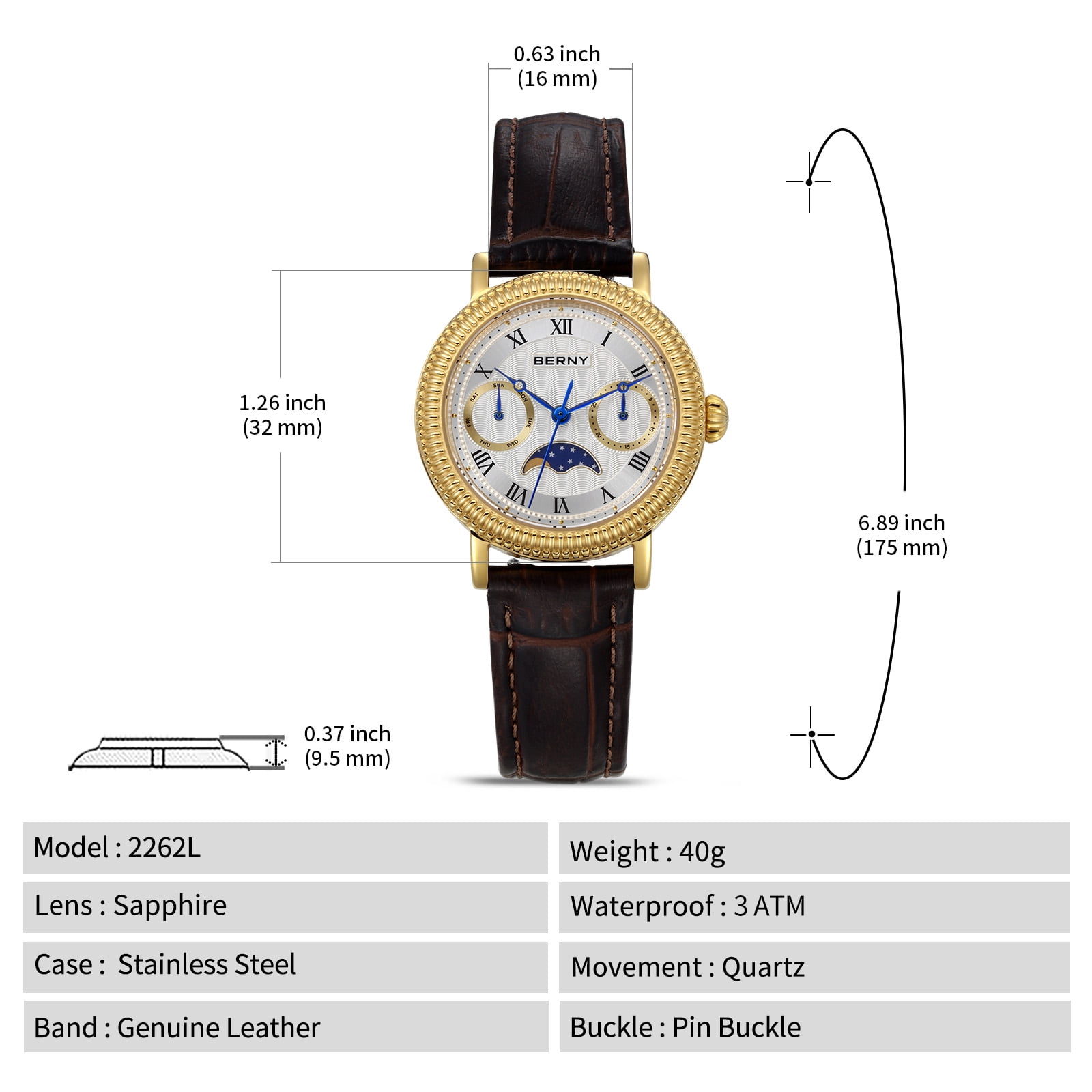 BERNY Womens Leather Watch, Vintage Roman Numerals Luxury Moon Phase Watch with Day & Date, Stainless Steel, Sapphire Crystal, Waterproof, Fashion Dress Analog Quartz Wrist Watches for Women (Gold)
