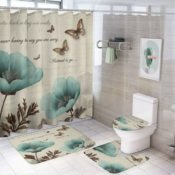Vintage Floral Butterfly Art Shower Curtain Bathroom Sets Toilet Lid Rug, Bath Mat And Contour Mat, Shower Curtain 4Pcs