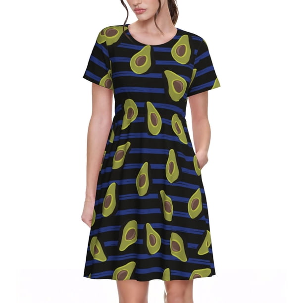 Easygdp Avocado para Vestido Transpirable de Mujer, Vestido Suelto de Manga Corta con Pliegues y Bolsillos para el Verano