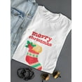 thumbnail image 3 of Merry Christmas Red Text Sparklings Around Boot Graphic  Women White T-Shirt, Female Small, 3 of 4