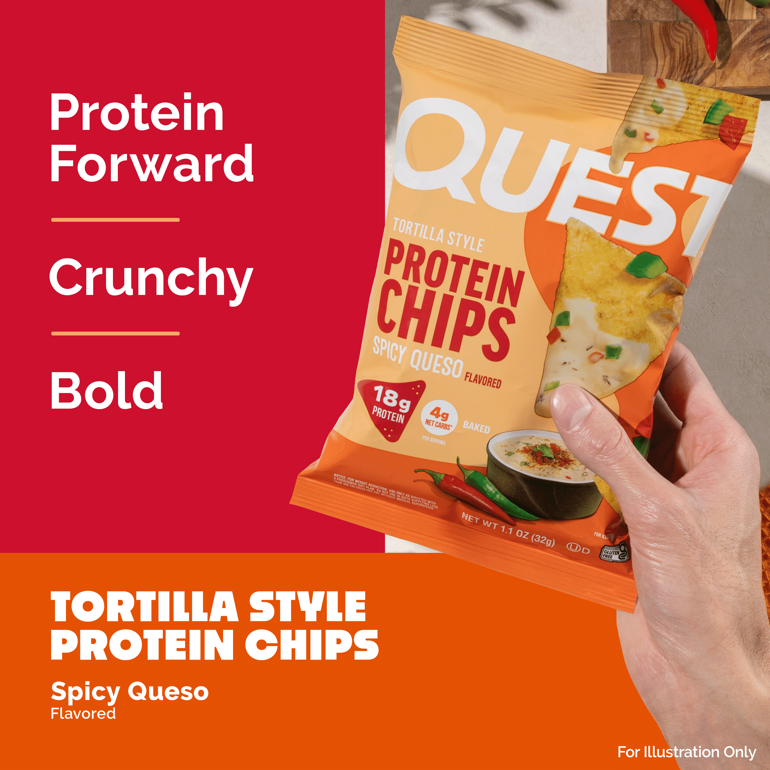Quest Spicy Queso Flavored Tortilla Style Protein Chips, High Protein*, Low Carb*, Gluten Free, 4 Count
