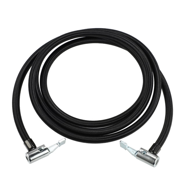 adaptador de manguera para inflar llantas de 79" conexión de bloqueo doble a portabrocas de aire con manguera para válvula de llanta estándar rosca fina sin válvula de liberación de aire tono plateado Manguera de 79'' (200 cm) enrollada con cubierta trenzada negra y dos mandriles metálicos de bloqueo doble en tono plateado, conectores con palanca visibles; para válvulas de rosca fina 0.305"x32TPI, indicada para autos, motos y bicicletas y adecuada también para inflar equipo deportivo.