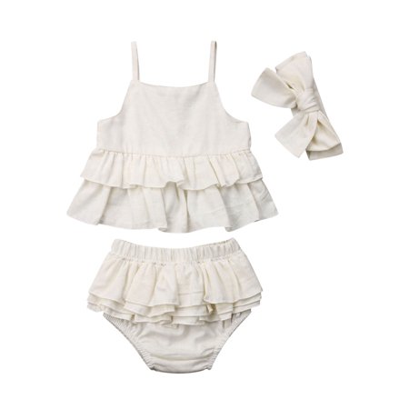 

Nokpsedcb Toddler Baby Girl Sleeveless Strap Tops Ruffles Shorts Headband Outfit