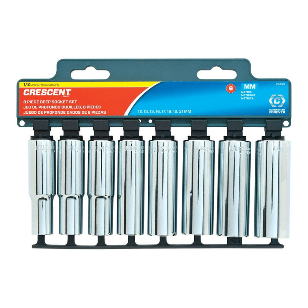 Crescent Assorted Sizes x 1/2 in. drive Metric 6 Point Deep Well Socket Set 8 pc.