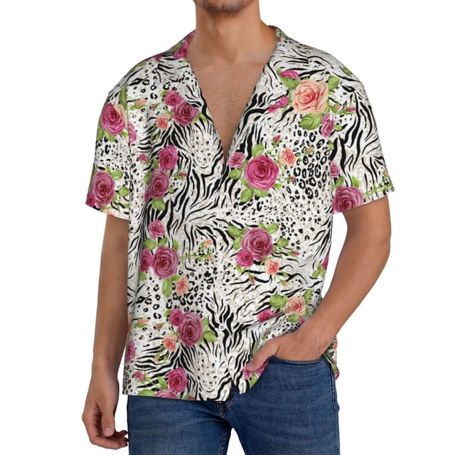 Balery Roses Mixed Zebra Camisa Casual de Manga Corta con Botones para Hombre, Texturizada, Estilo Cubano, para Playa, Verano-Medium
