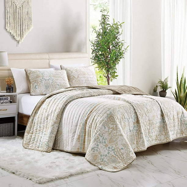Quilt Set Printed Queen Size Bedspread, Beige Taupe Pattern Reversible