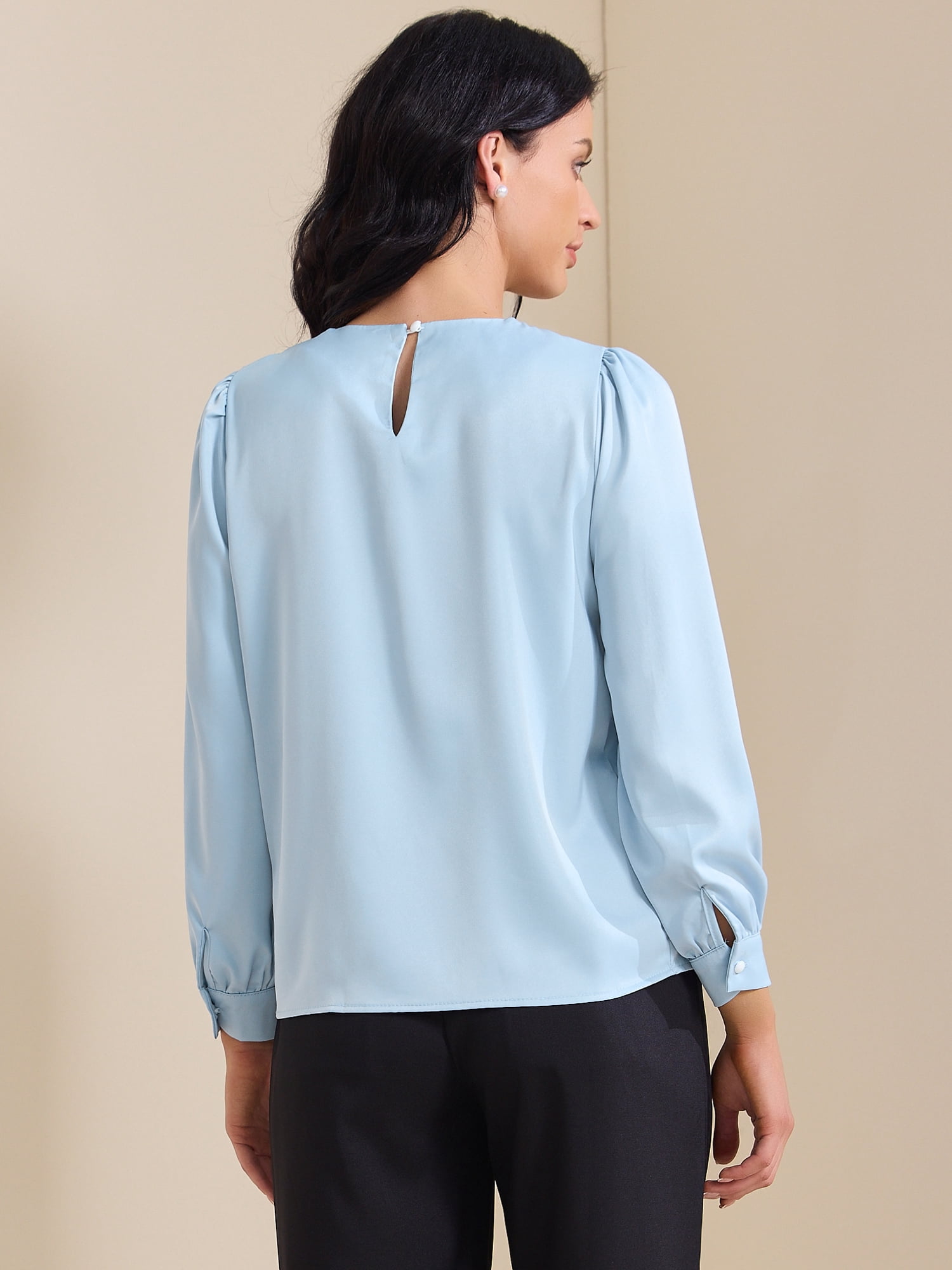 DARING DIVA Women's Elegant Blouse Pearl Decor Ruched Crew Neck Shirt Top XL Blue