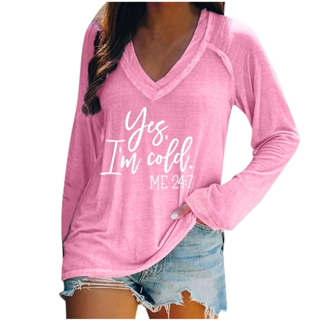KIHOUT - Blusas casuales para mujer, liquidación 2024, moda clásica, estampado de letras, cuello en V, blusas básicas holgadas, camisetas de manga larga, blusas tipo túnica para otoño