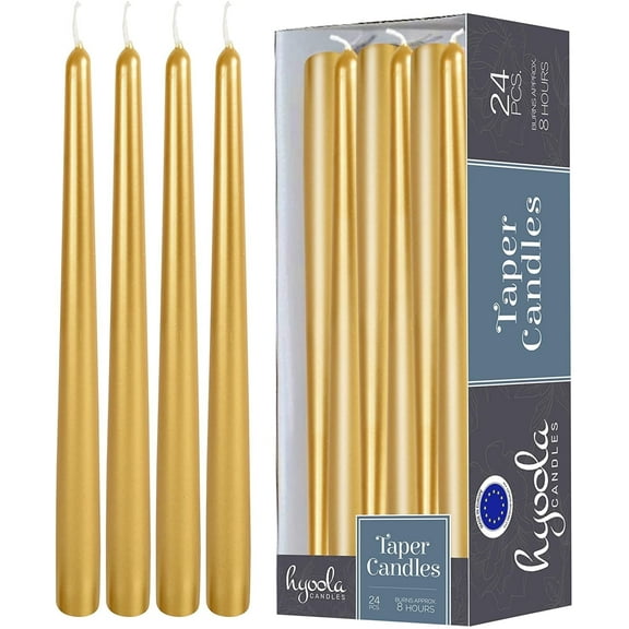 Hyoola 10" Metallic Gold Dripless European Made Taper Candles, Unscented Paraffin Wax with Cotton Wicks, 24-Pack