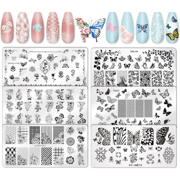 TRAHOO-6Pcs Flower Butterfly Nail Art Plates Rectangular Floral Stamping Plates Butterfly Image Stamp Templates Stamping Kit for Women Spring Summer DIY Print Manicure Salon Design Gift