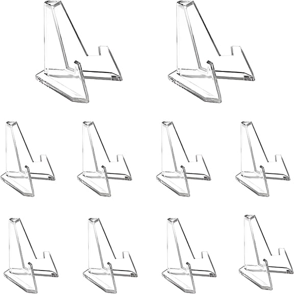 TELOLY 10 Pack 1.4 Inch Clear Small Easel Stand,Acrylic Tabletop Mini Easel,Display Holder for Challenge Coin,Photo,Medal,Name Card,Sign,Badge