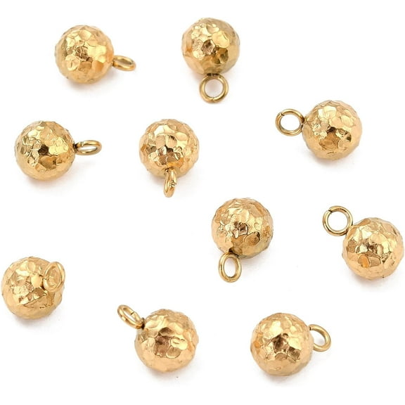 10Pcs Disco Ball Beads Real 18K Gold Plated Small Ball Charms 304 Stainless Steel Round Pendants 9x6mm Tiny Metal Bumpy Ball Charms with 1.8mm Hole Ideal