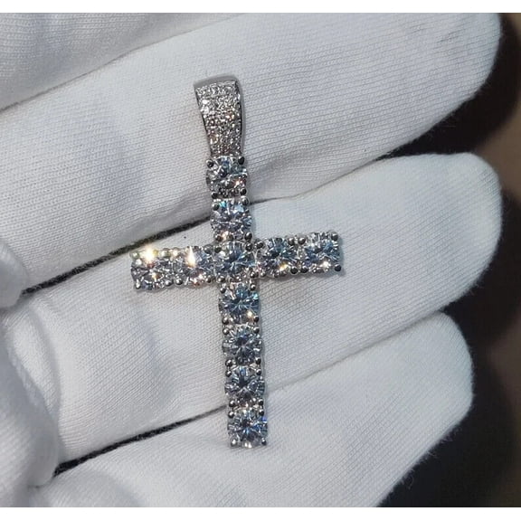 2CT Round Cut Lab-Created Diamond Cross Pendant 14K White Gold Plated Silver