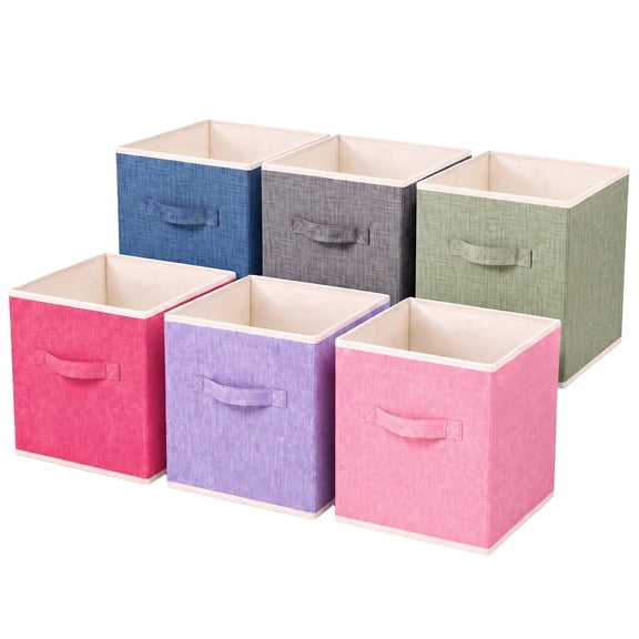 PinkSheep 6 Pack Linen Cube Storage Bin with Handle,11" Collapsible Fabric Storage Bin,Foldable Storage Cube Organizer Baskets Bins, Multicolor