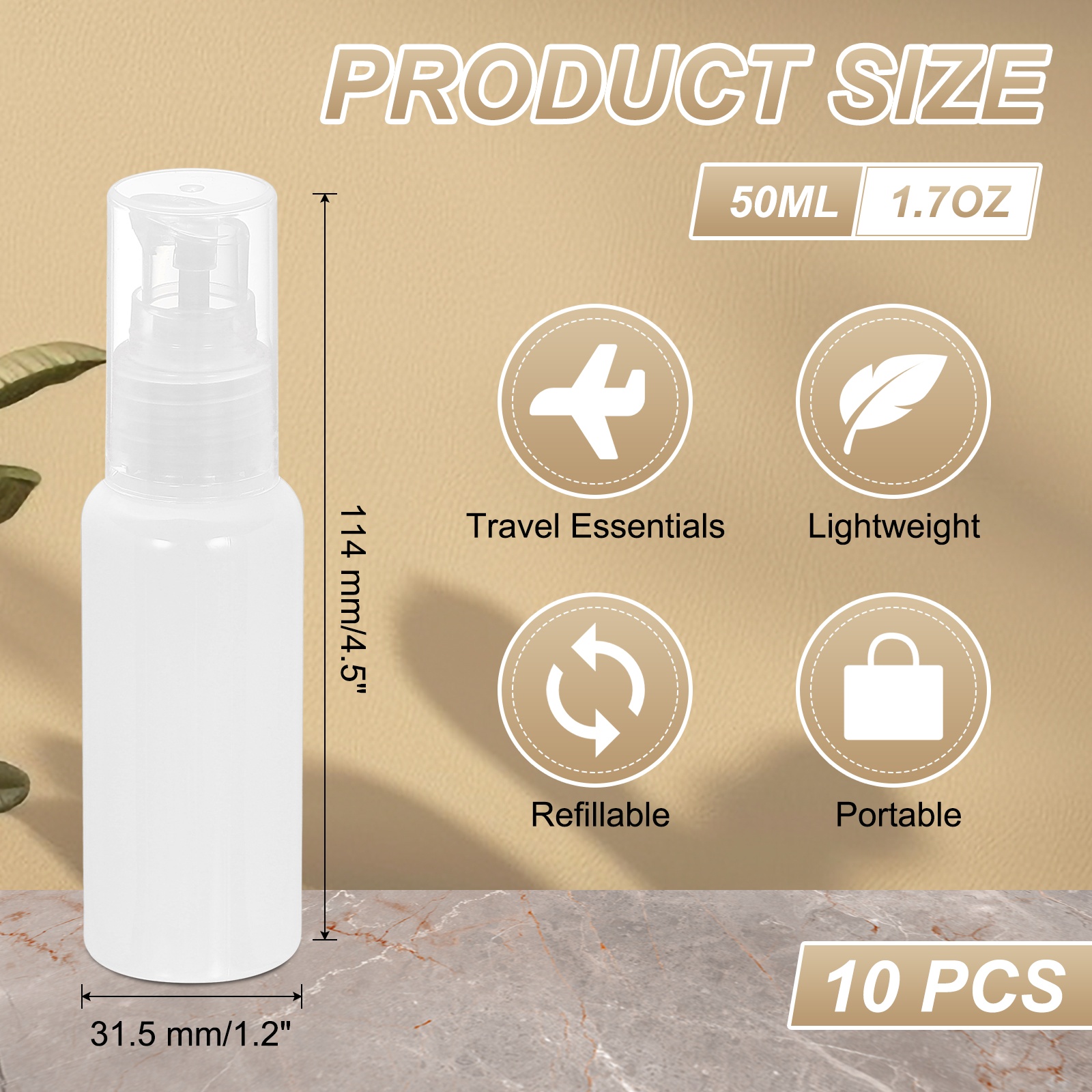 Uxcell 10Pcs Travel Pump Bottle, Empty Pump Bottle Dispenser, 1.7oz Clear White