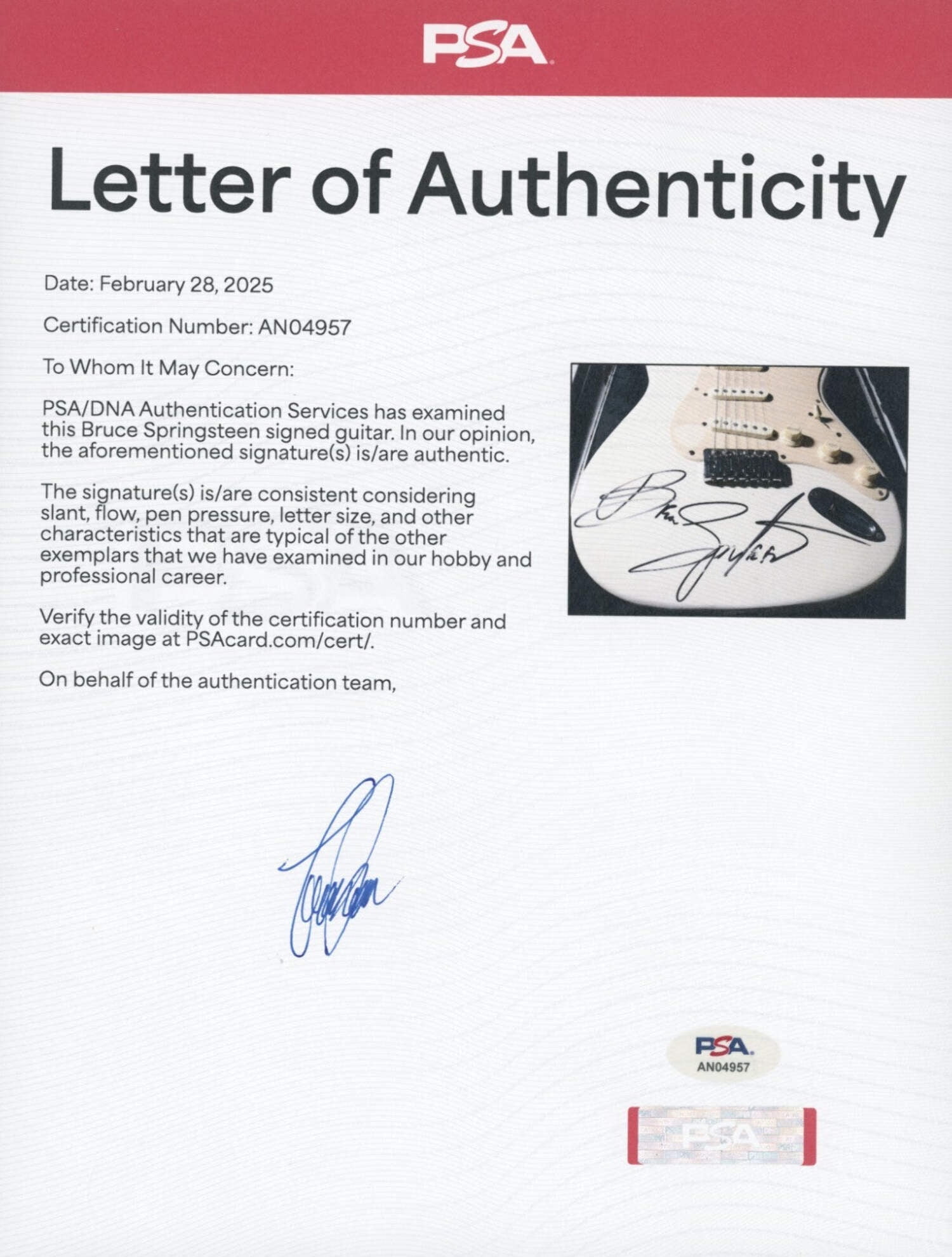 Bruce Springsteen Signed Fender Squire Stratocaster Guitar PSA DNA Huge Auto!