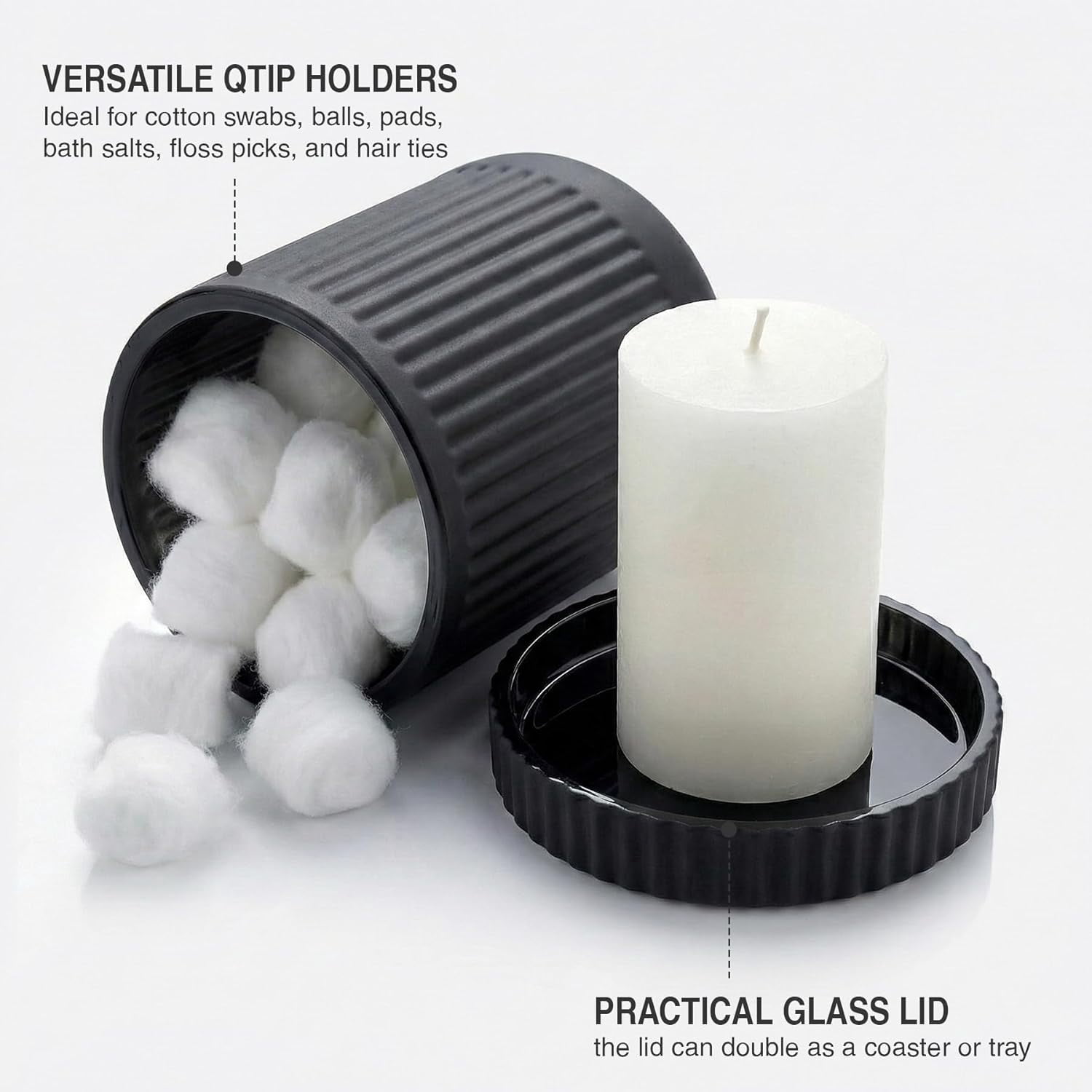 2 Pack Qtip Holder - Apothecary Jars with Lids, Bathroom Organizers and Storage Canister for Cotton Balls,Swabs,Floss Picks,Hair Ties,Clear Glass Vintage Bathroom Decor Jar Set (Black)