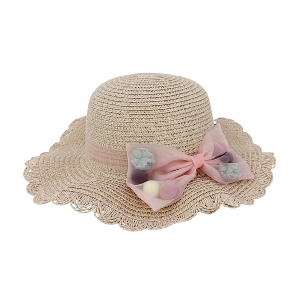 Sombrero Para Playa De Niña Ondulado Tejido De Paja C/ Moño rosa