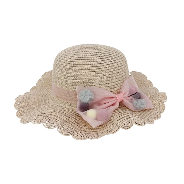Sombrero Para Playa De Niña Ondulado Tejido De Paja C/ Moño rosa