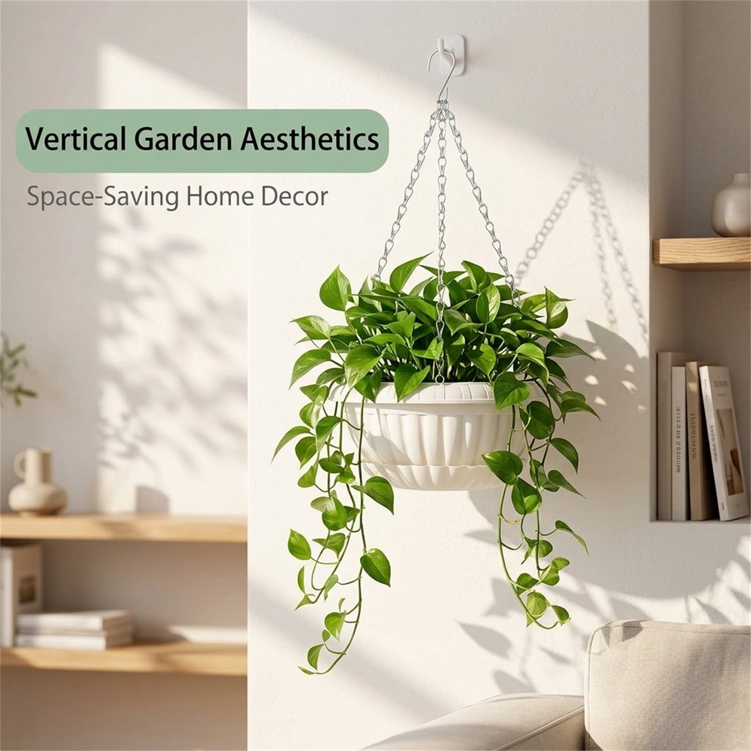 Artrylin 2 Pack Large Hanging Planters 11in Plastic Plant Pots with Drainage Holes & Trays for Indoor Outdoor Garden Wall Window Decor (White)