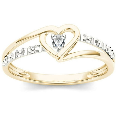 Large Split Rings - 1/20 Carat T.W. Diamond Split Shank Two-Tone Heart 10kt Yellow Gold Fashion Ring