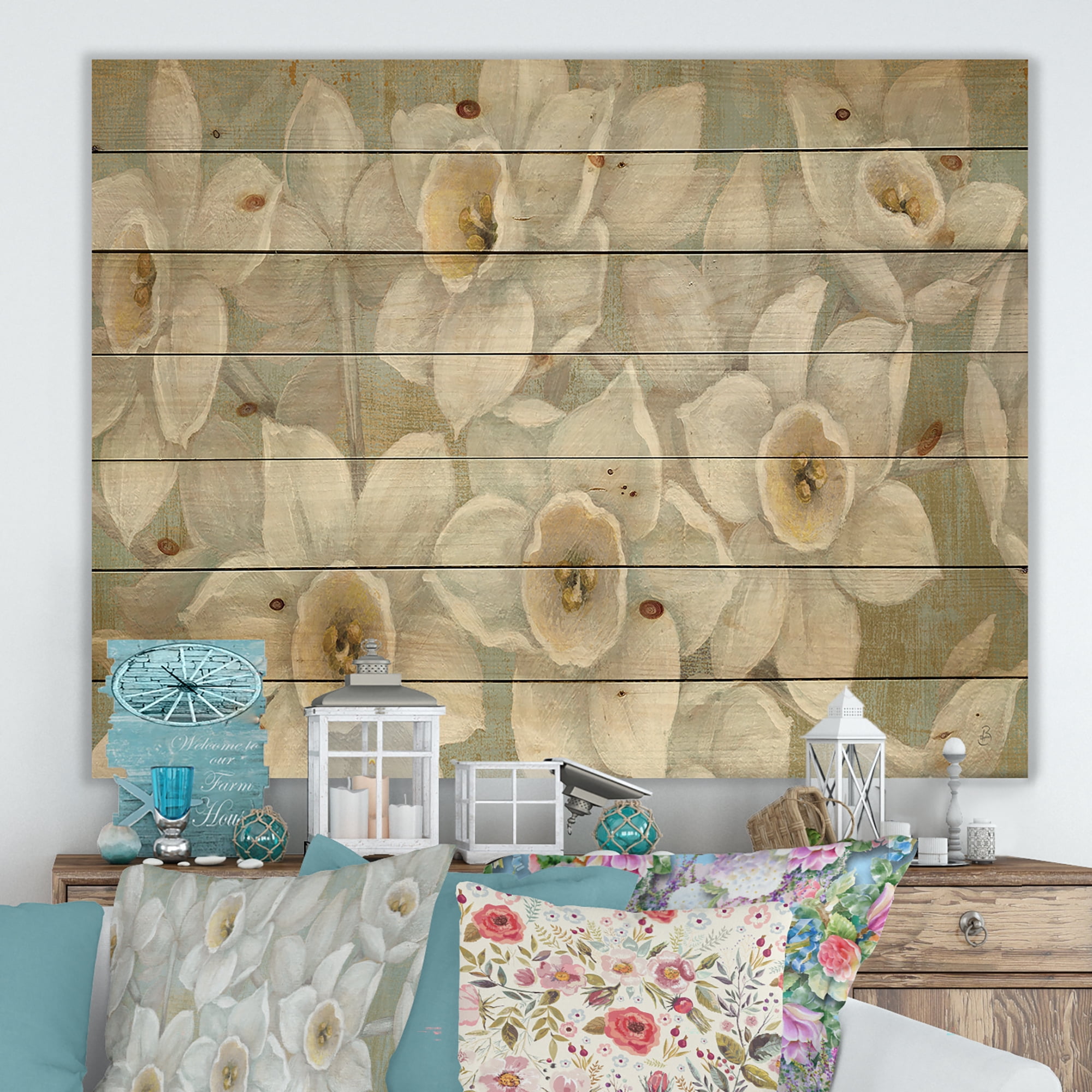 Designart 'Pure White Pastel Flowers' Farmhouse Print on Natural Pine Wood